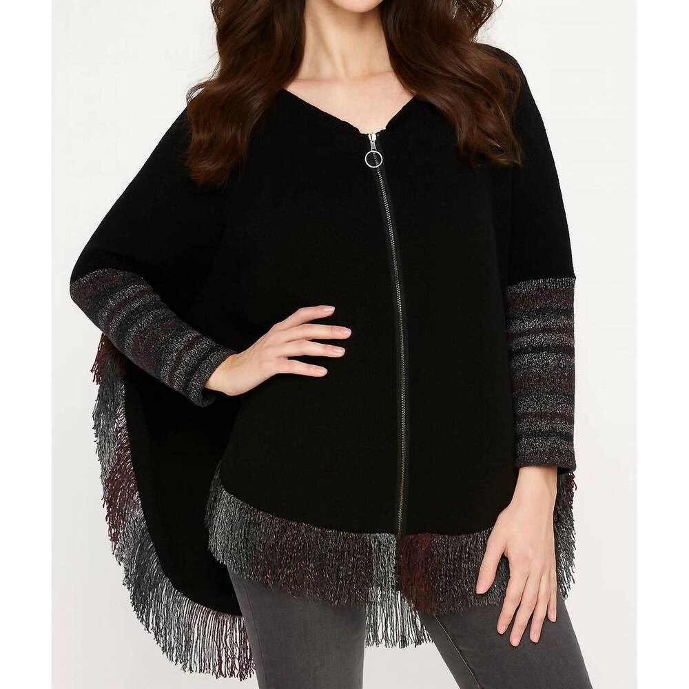 NEW FRENCH KYSS kimberly fringe hooded poncho in black